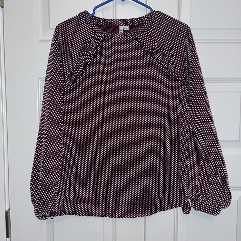 Elle Women’s S Ruffle Sweatshirt Plum Polka Dot Pullover Top Casual D62